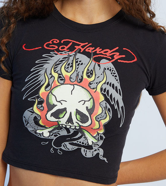 Ed Hardy Flaming Skull Baby Tee front view