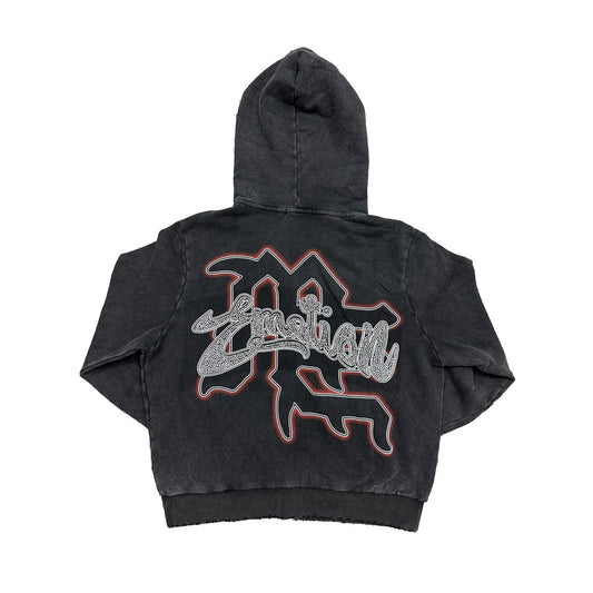 Black hoodie with a logo on the back against a white background
