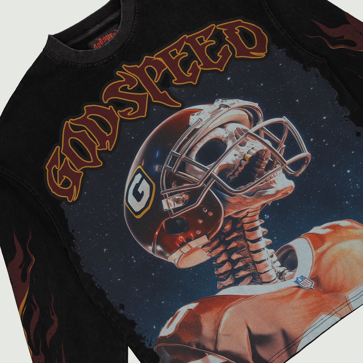 Black long-sleeve shirt with a graphic design of a skeleton in an astronaut suit and 'Godspeed' text.