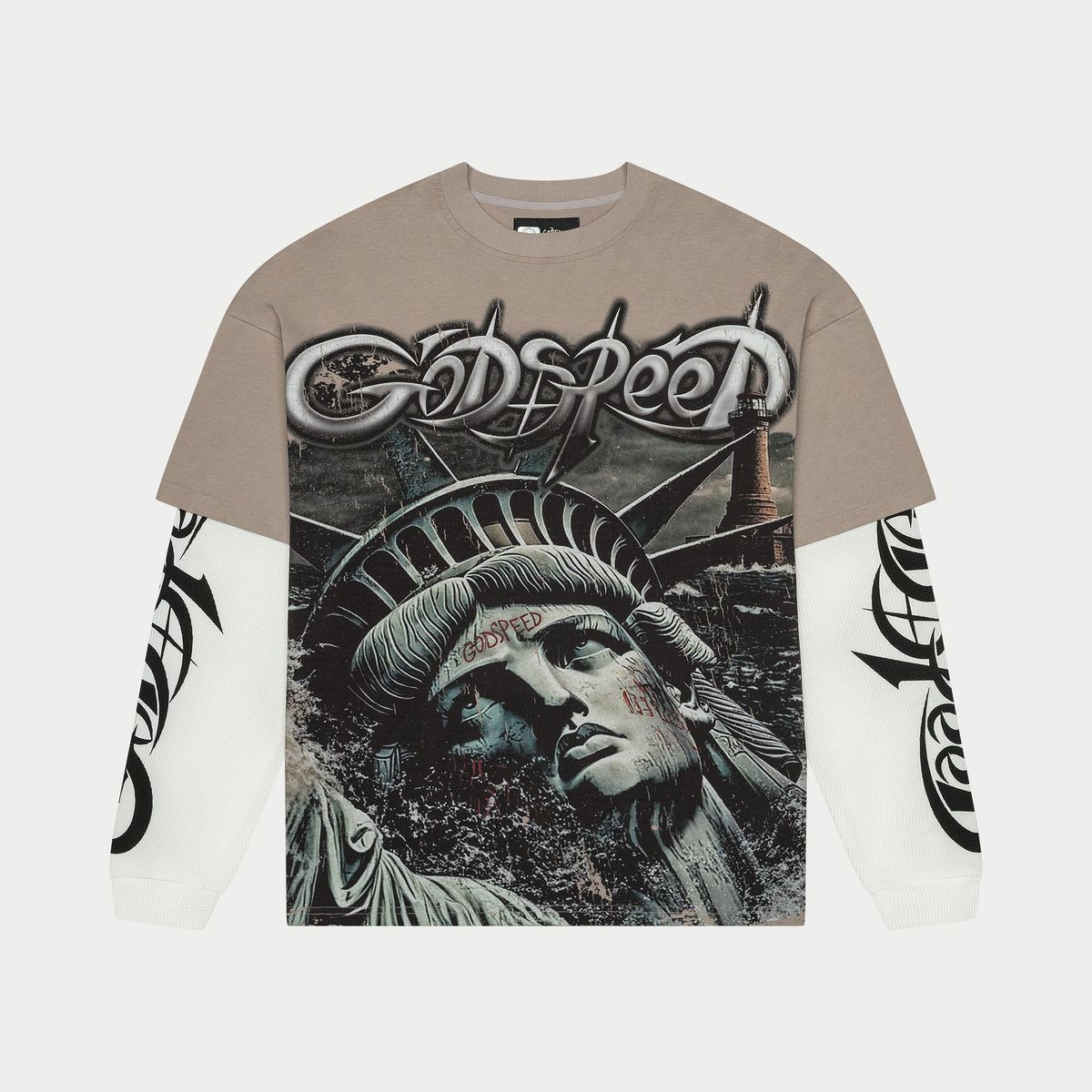 T-shirt with graphic design of the Statue of Liberty and text on a white background