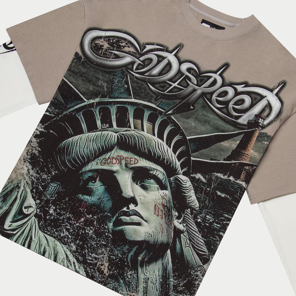 T-shirt with 'Godspeed' design featuring the Statue of Liberty on a white background