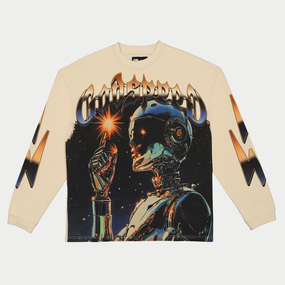 Long-sleeve shirt with robot graphic and 'Computron' text on a beige background