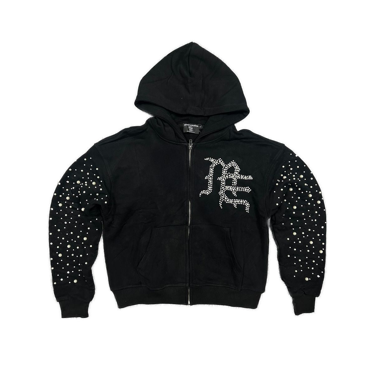 Black hoodie with white speckles and a logo on a white background