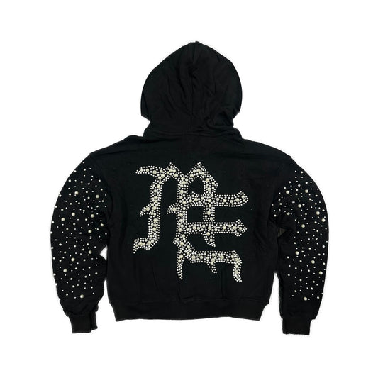 Black hoodie with white rhinestone design on the back against a white background