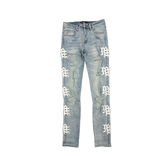 Light blue jeans with white patterns on a white background