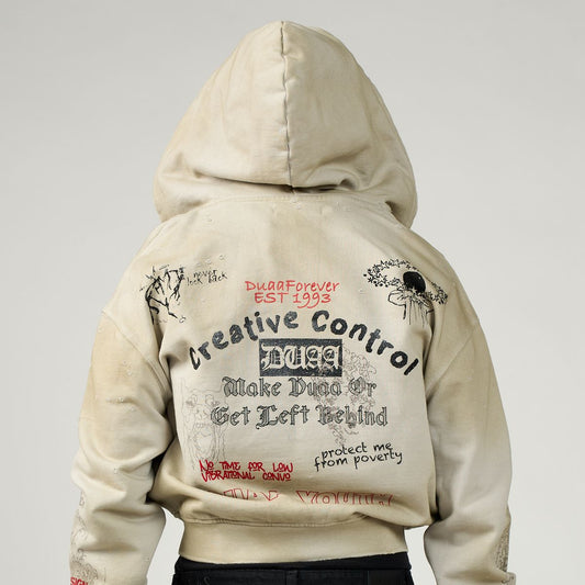 DUAA Creative Control hoodie back graphic zip-up neutral color
