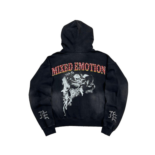 Black hoodie with 'Mixed Emotion' text and graphic design on a white background