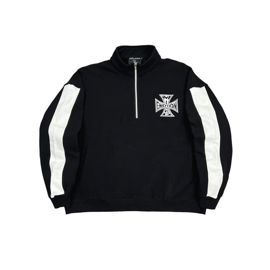 Black quarter-zip sweatshirt with white accents on a white background