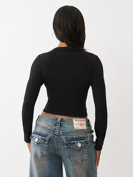 Women’s True Religion Buddha V-Notch Ribbed Long Sleeve Tee in BLACK