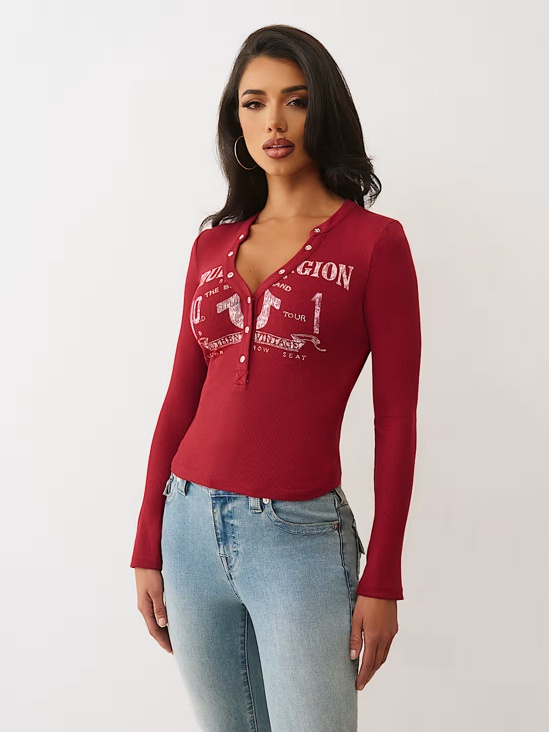 True Religion Ribbed Faded Logo Henley in red