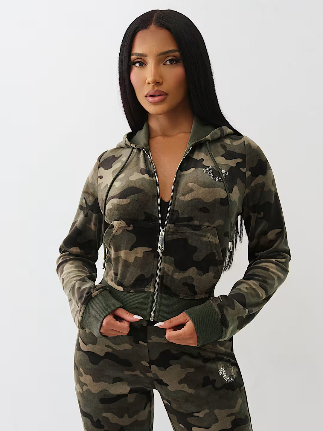 True Religion Camo Velour Shrunken Zip Hoodie