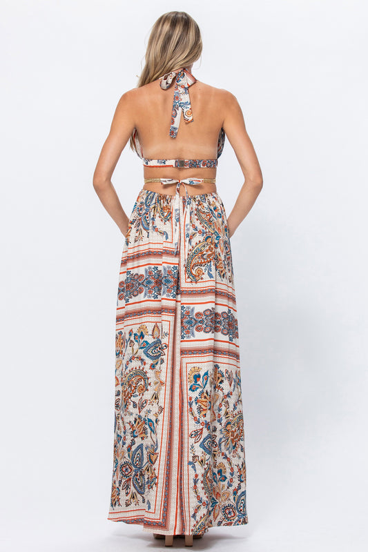 Printed Side-Open Halter Maxi Dress