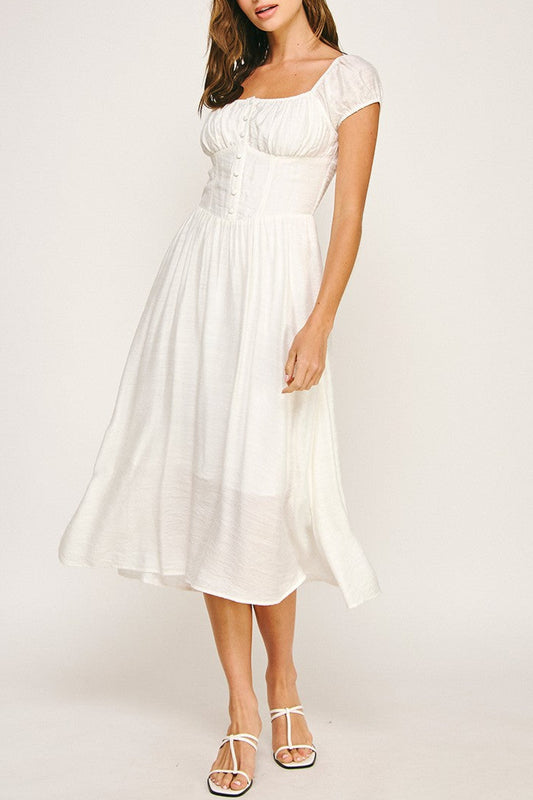 Front Button Smocked Back Midi Dress front view