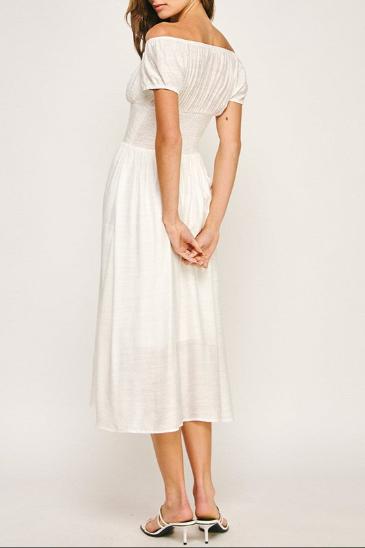 Front Button Smocked Back Midi Dress back view