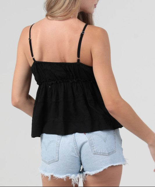 Black Lace Trim Cami Top | Tiered Flowy Tank for Women back view