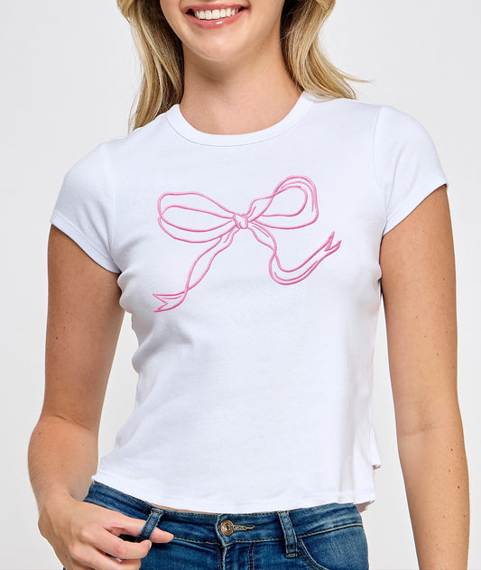 🎀 Bow Embroidery Baby Tee white front view