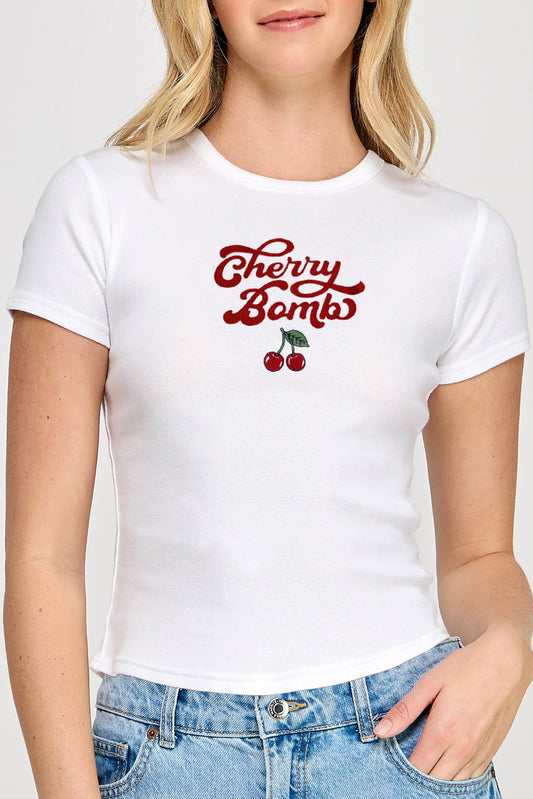 Cherry Embroidered Baby Rib T-Shirt  FRONT VIEW