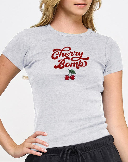 🍒 Cherry Embroidered Baby Rib T-Shirt FRONT VIEW