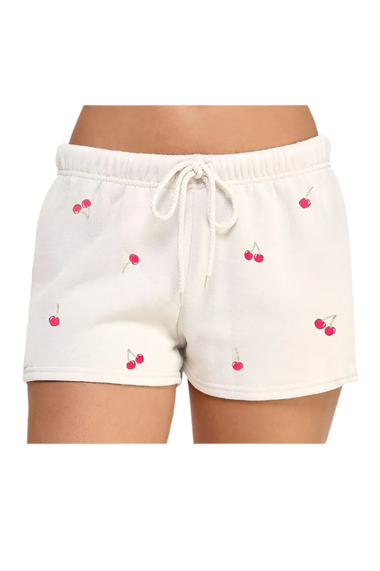 🍒 All-Over Cherry Embroidered Fleece Shorts ivory front view
