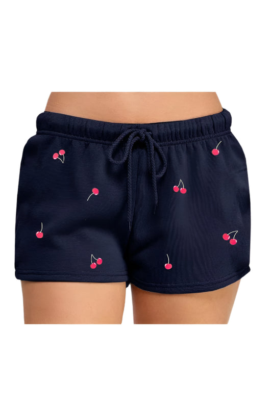 🍒 All-Over Cherry Embroidered Fleece Shorts navy front view