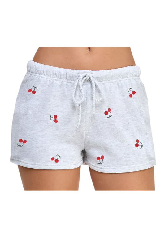 🍒 All-Over Cherry Embroidered Fleece Shorts ice grey front view