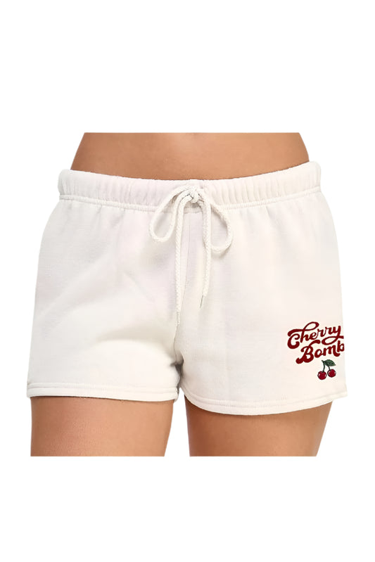 🍒 Basic Fleece Shorts with Cherry Embroidery front view ivory