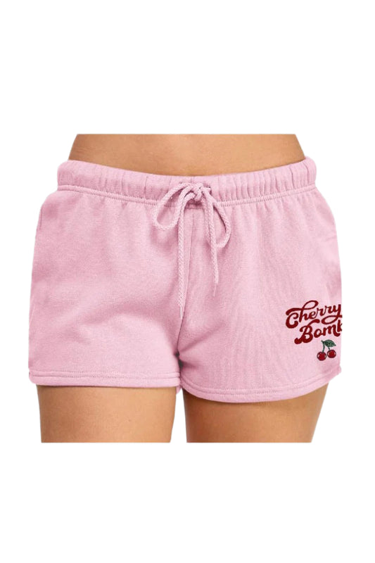 Basic Fleece Shorts with Cherry Embroidery pink front view
