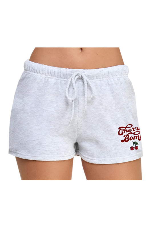 🍒 Basic Fleece Shorts with Cherry Embroidery ice grey front view