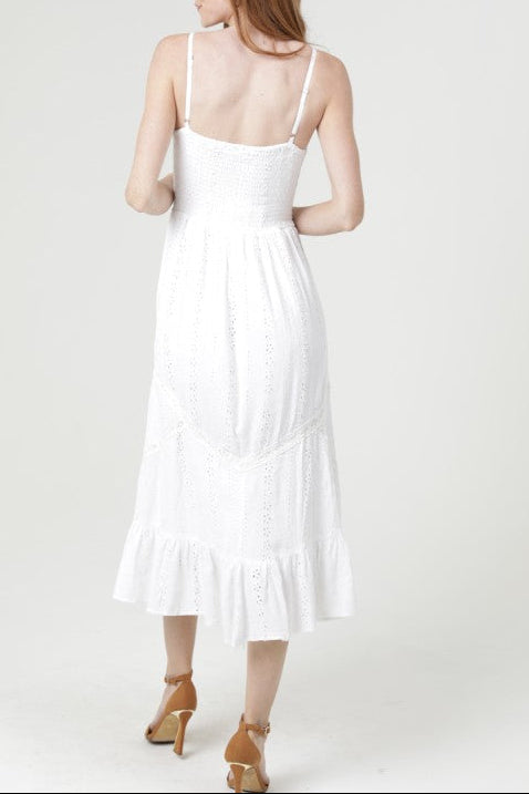 white eyelet embroidery midi dress BACK view lace trim v neck tiered summer dress