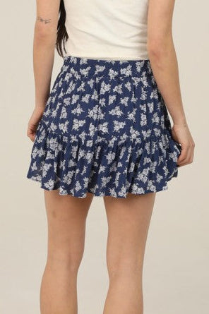 navy ditsy floral skort back view ruffle mini skirt with built in shorts