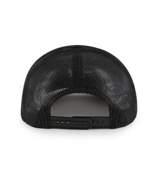 A rear view of a black mesh baseball cap with an adjustable strap and a snap closure, featuring a breathable mesh back panel.