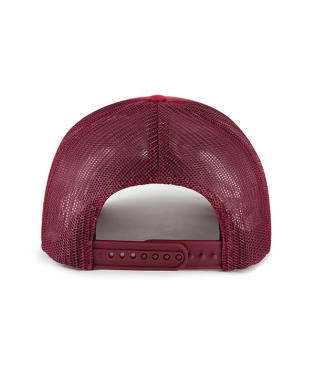 A back view of a maroon baseball cap. The back is made of mesh material, and there's an adjustable snap closure strap at the bottom.