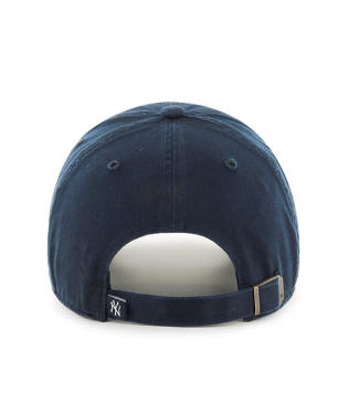 A rear view of a navy blue baseball cap with a white Yankee logo on the adjustable strap, featuring a metal buckle closure.