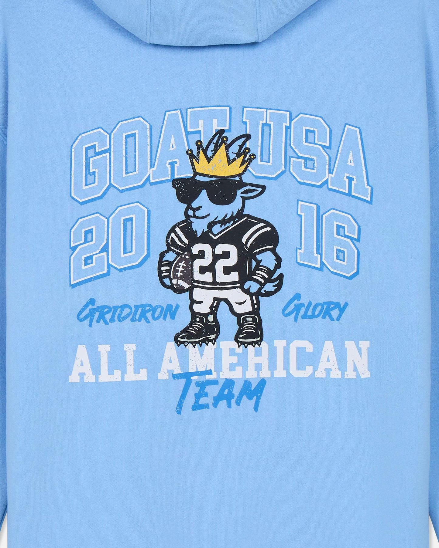 Light blue hoodie with graphic design and text on a white background