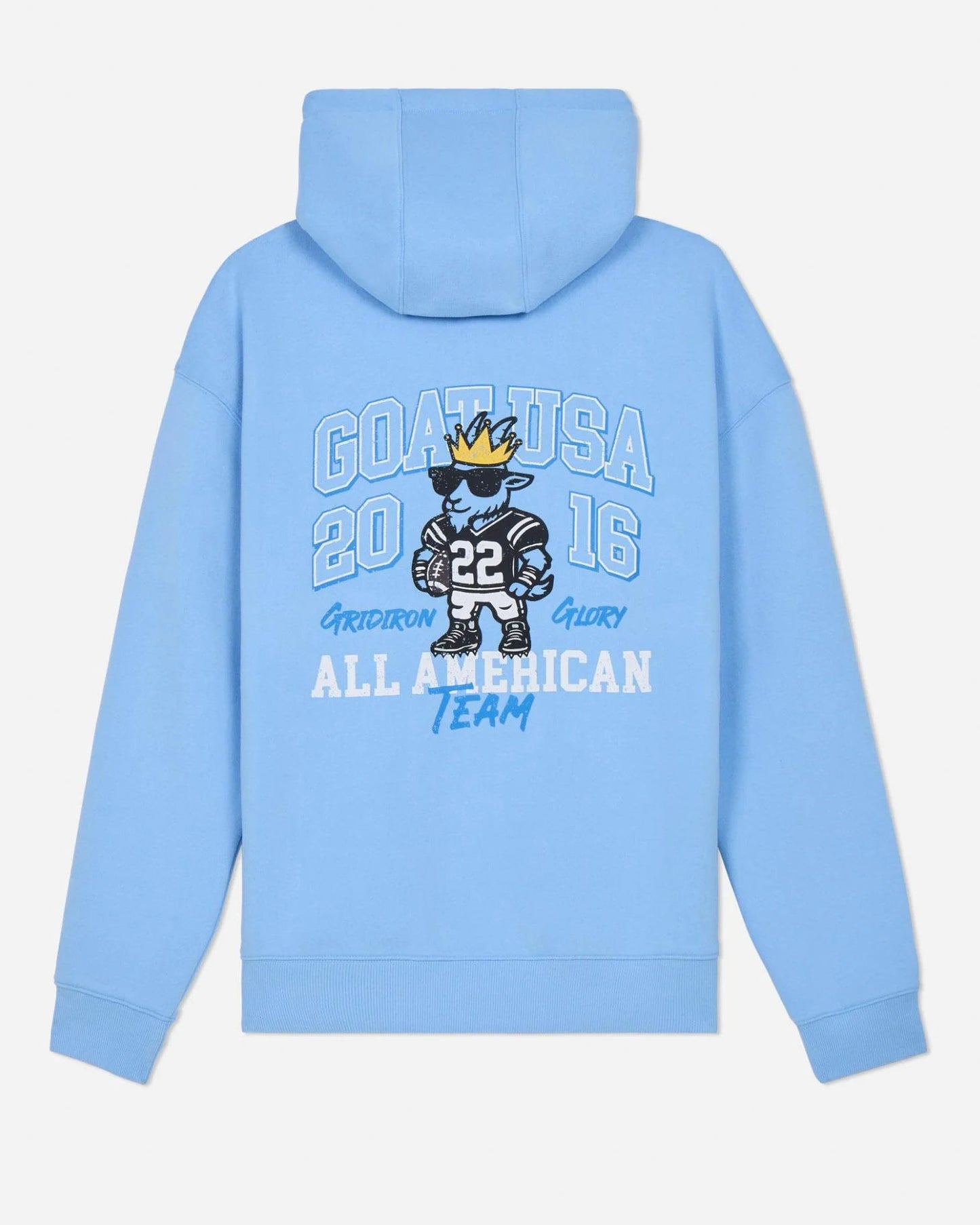 Light blue hoodie with graphic design on the back against a white background