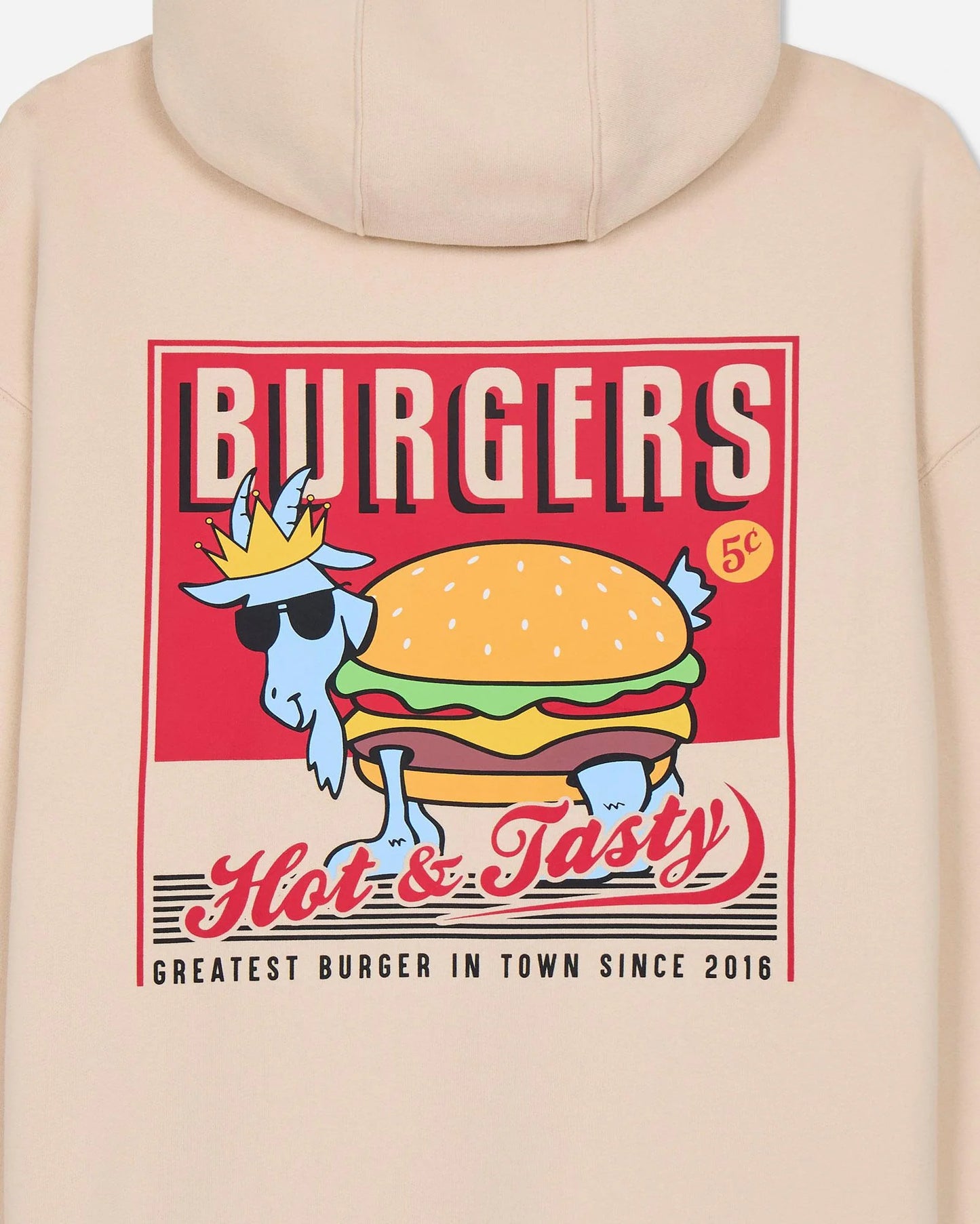 Beige hoodie with a graphic of a burger and text on the back