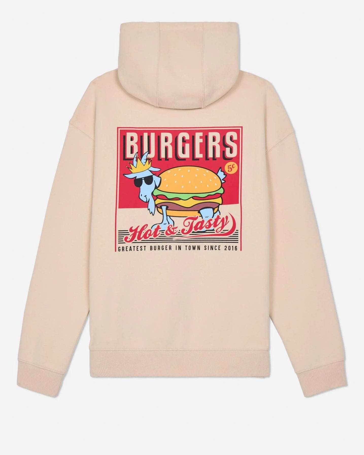Beige hoodie with a graphic of a cow and burger on a red background