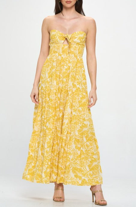 Palm Print Tube Maxi Dress LARGE / YELLOW Palm Print Tube Maxi Dress LARGE / YELLOW