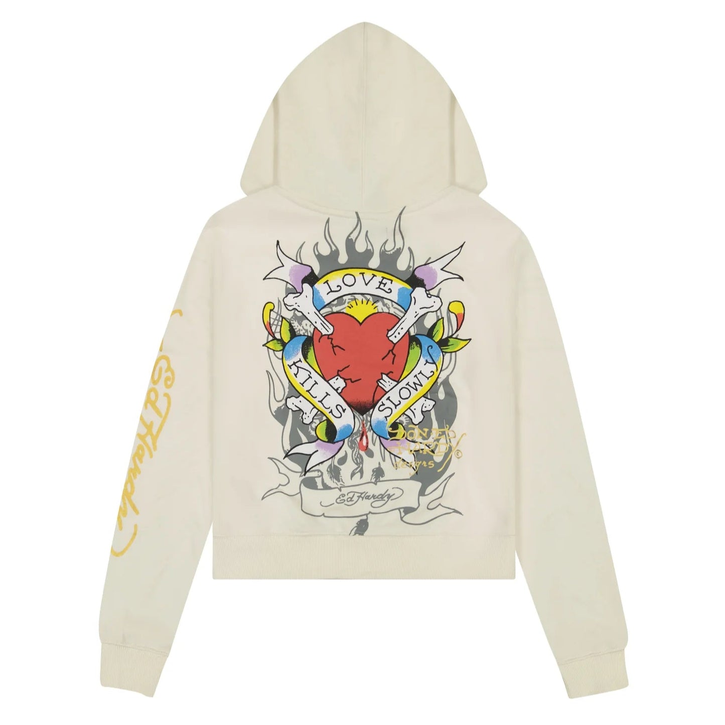 Beige hoodie with colorful graphic design on a white background