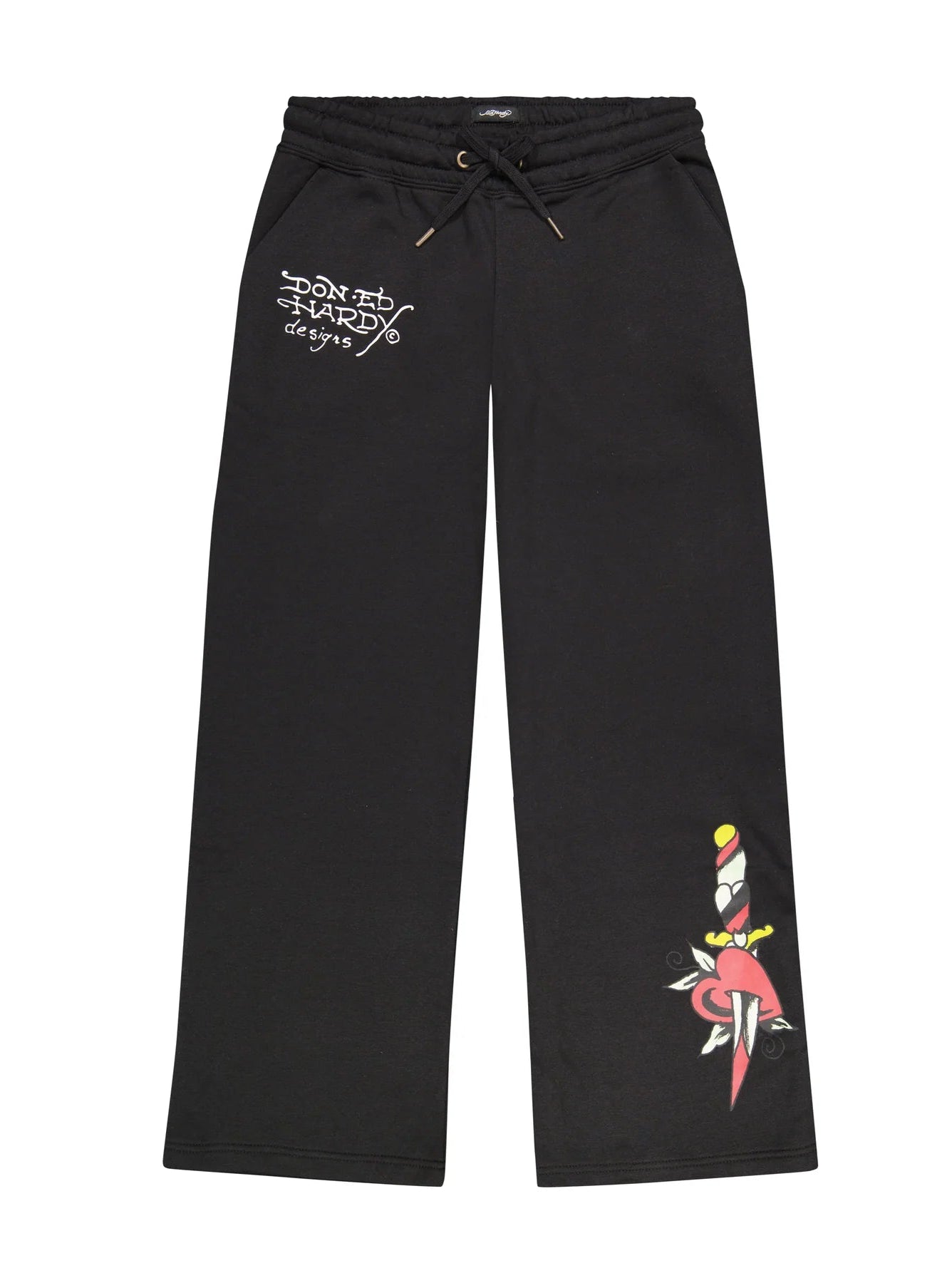 Black sweatpants with a graphic design on a white background