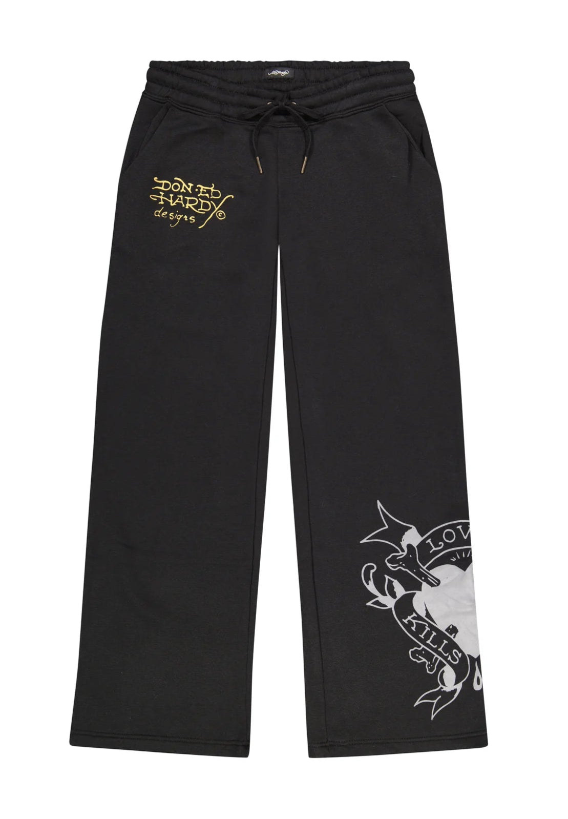 Black sweatpants with text and graphic design on a white background