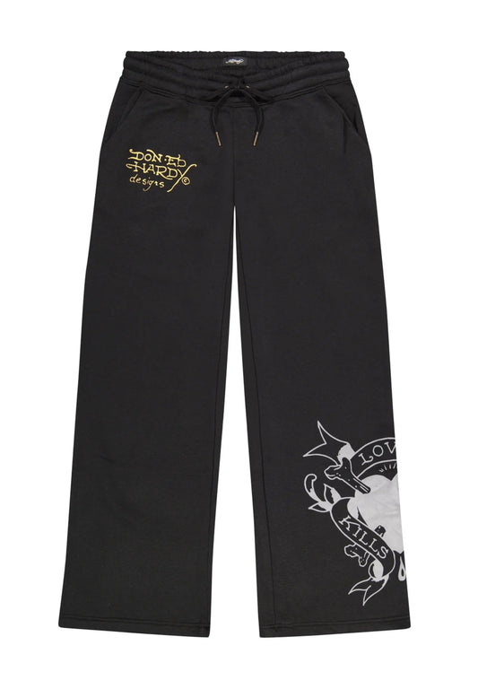 Black sweatpants with text and graphic design on a white background