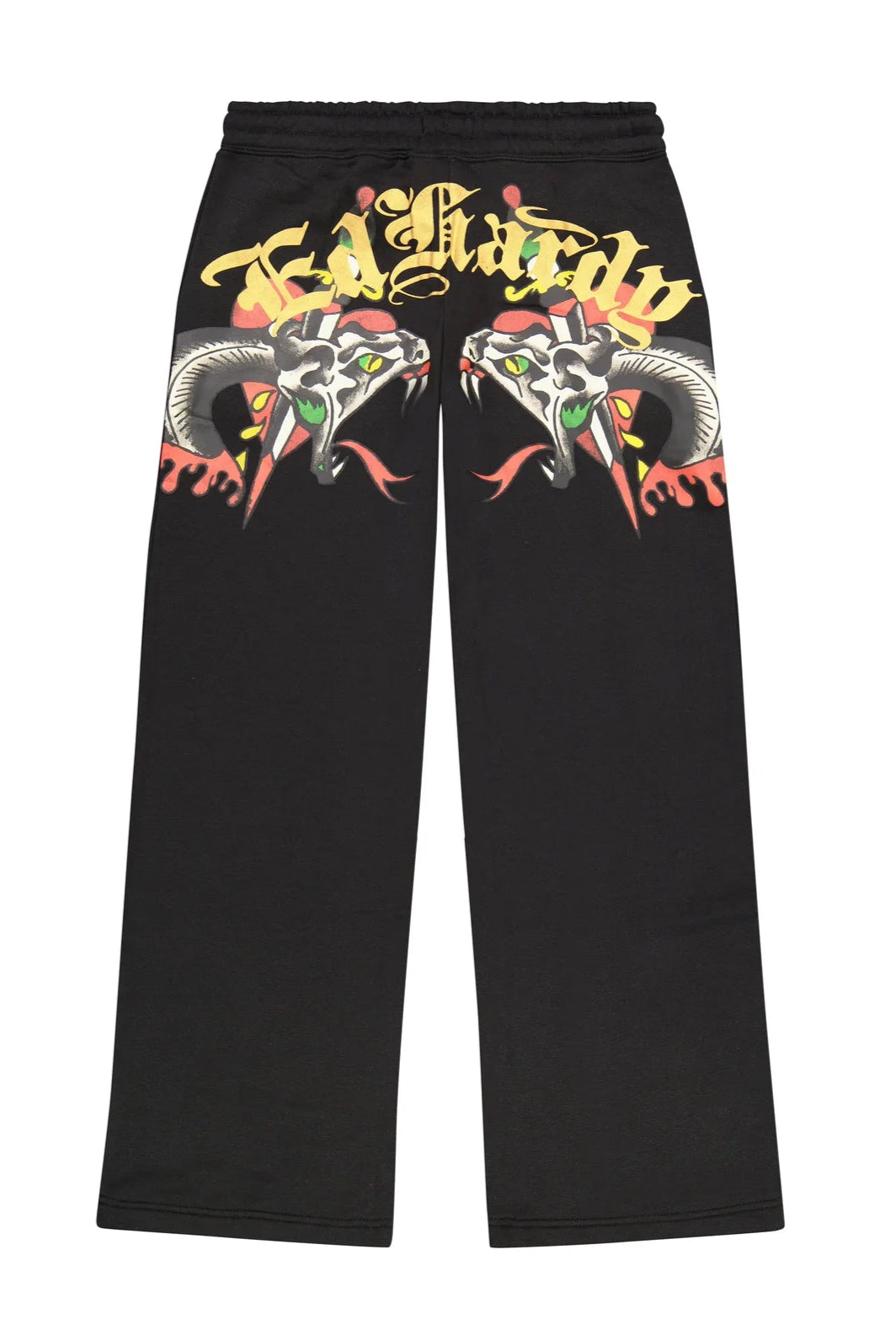 Black pants with colorful snake design on a white background