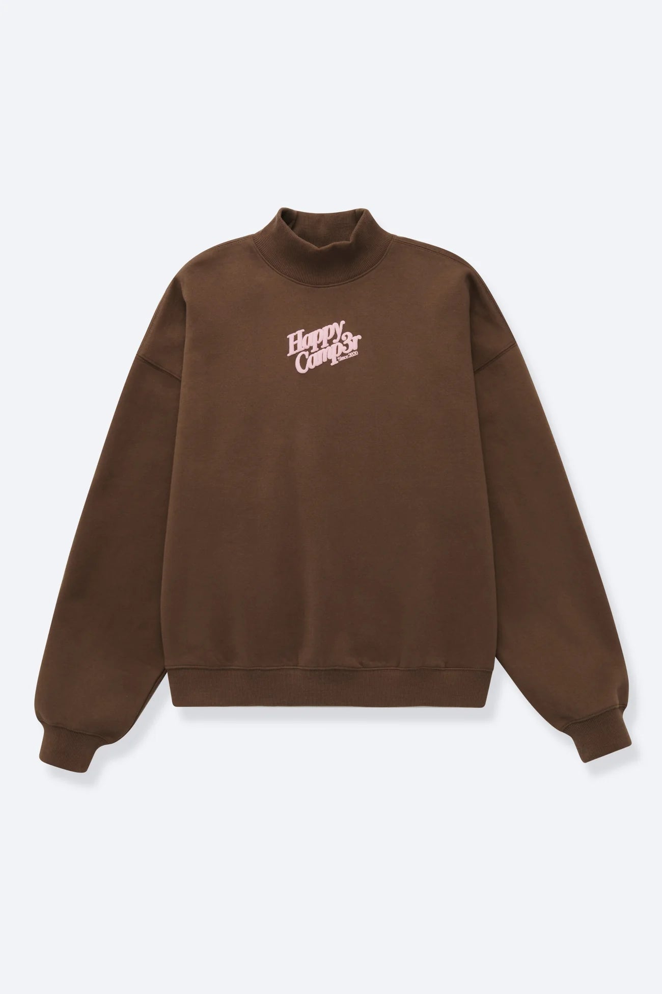 Brown sweatshirt with 'Happy Campers' text on a white background