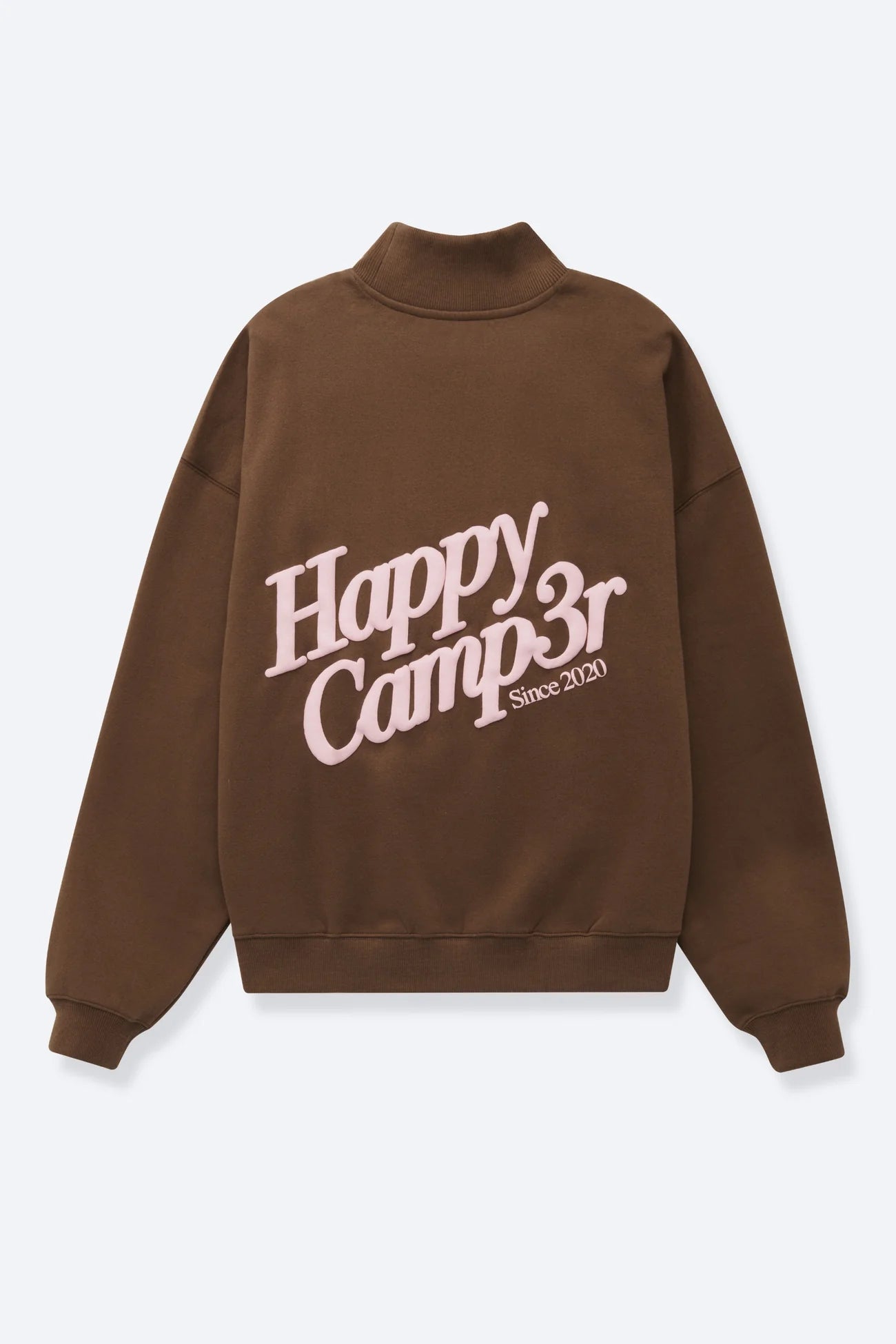 Brown sweatshirt with 'Happy Camp3r' text on a white background