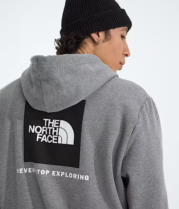 Person wearing a gray hoodie with The North Face logo on the back, on a white background