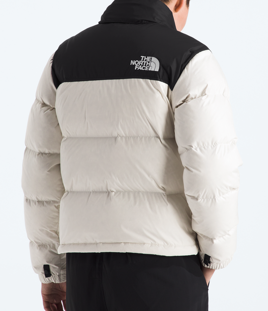 Person wearing a beige and black puffer jacket with 'The North Face' logo on a white background