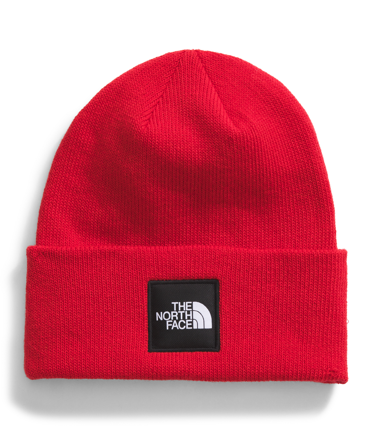 Red knit beanie with The North Face logo on a white background