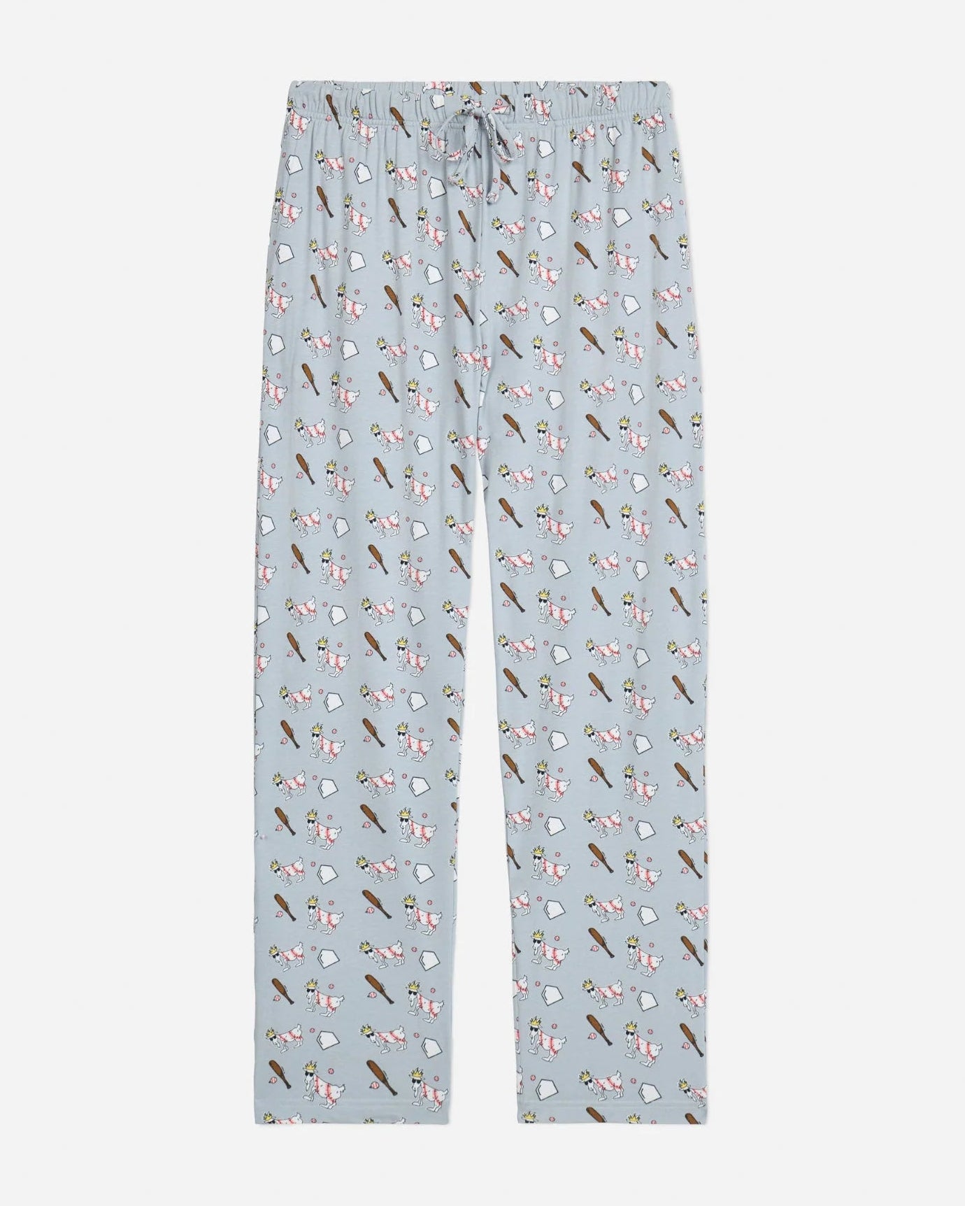 Light blue pajama pants with a pattern on a white background
