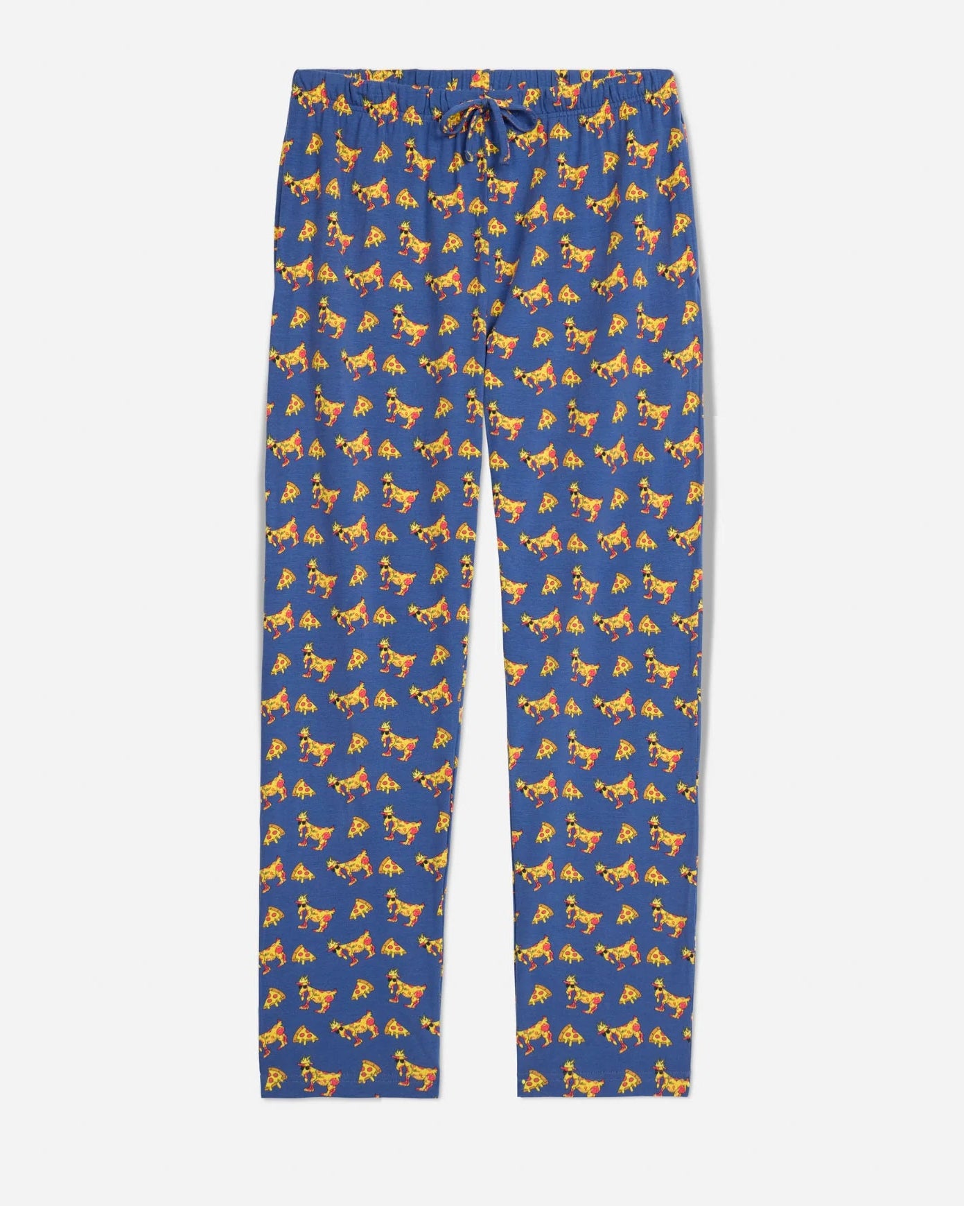 Blue leggings with yellow horse pattern on a white background